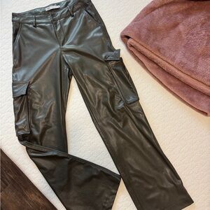 Dark Green Faux Leather Cargo Pants